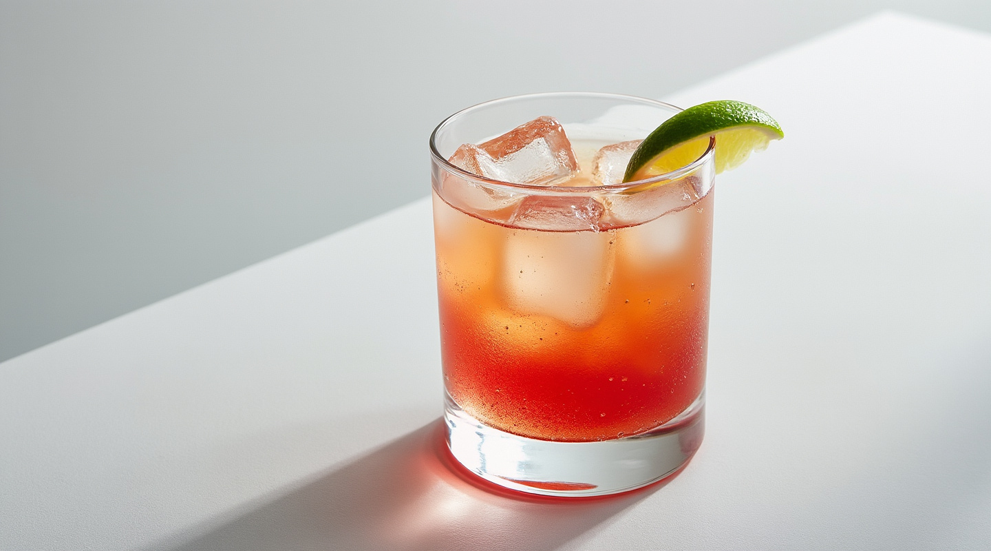 Woo Woo cocktail served in an Old-fashioned glass, garnished with a lime wedge.