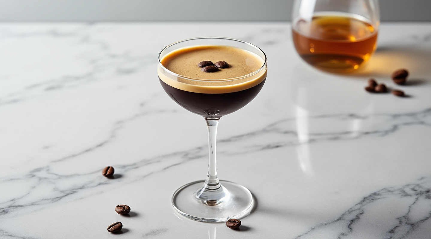 Espresso Martini in a glass with espresso beans on top