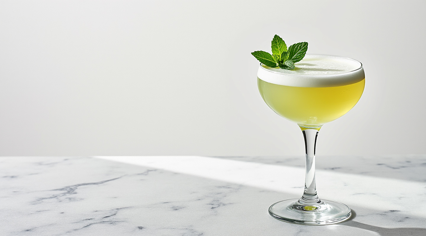 Southside cocktail in a coupe glass garnished with a mint leaf