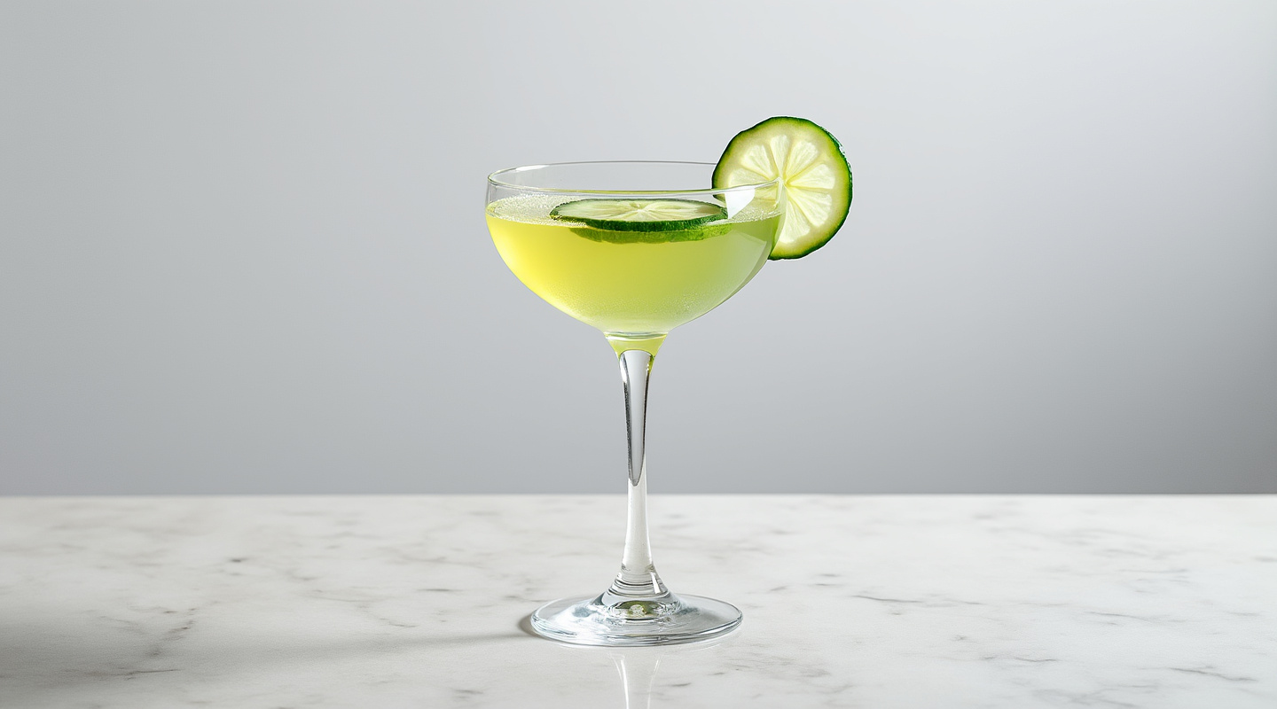 Amante Picante cocktail in a martini glass with cucumber slices