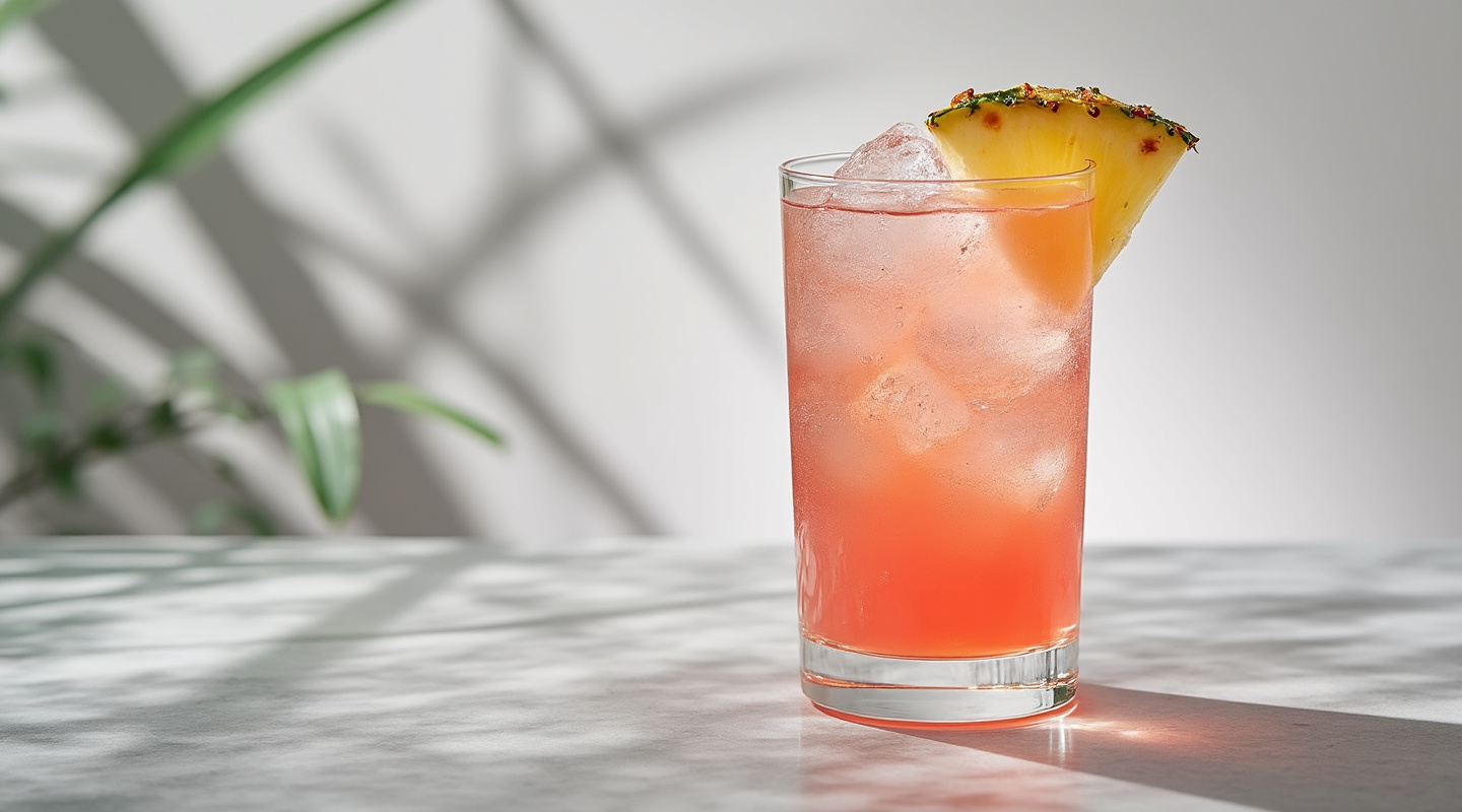 Batida Rosa Cocktail in a Collins glass, garnished with a pineapple wedge