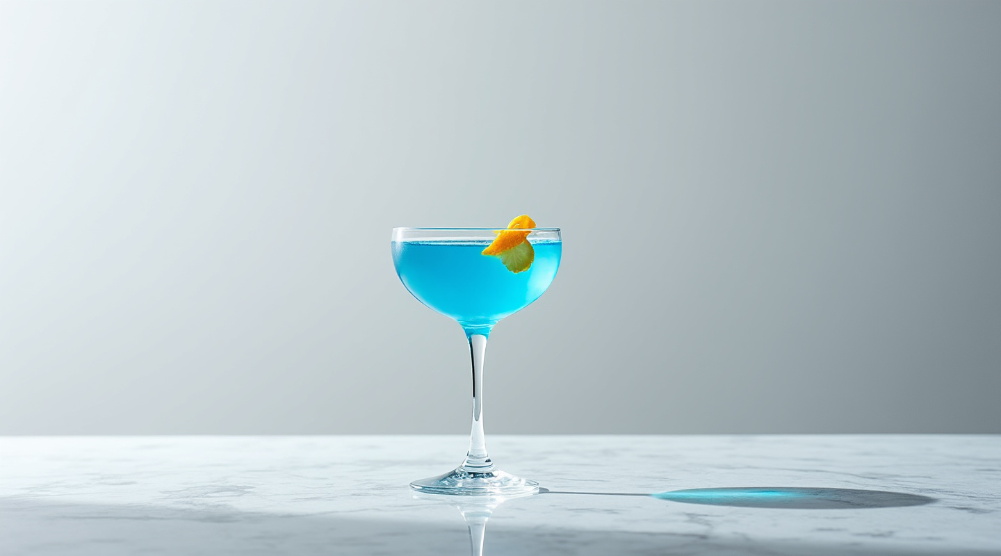 A Blue Sky cocktail in a coupe glass, garnished with an orange zest twist.