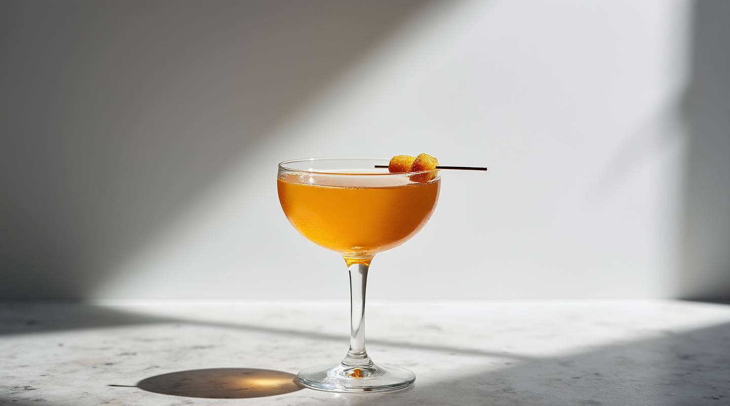 Byculla cocktail served in a coupe glass with a crystallized ginger garnish