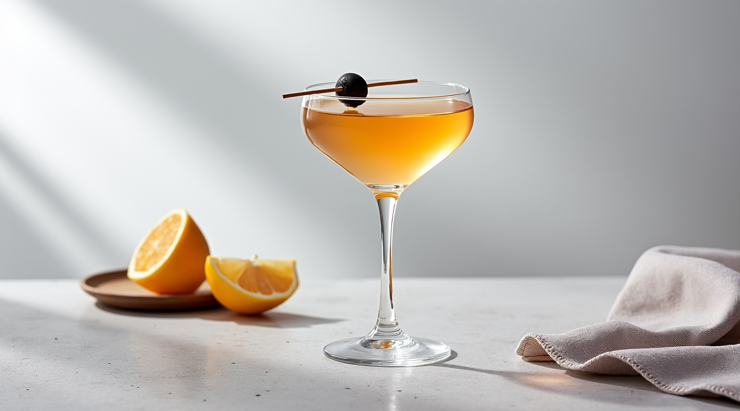 Damn It Jimmy cocktail in a martini glass with a skewered blue cheese stuffed olive garnish