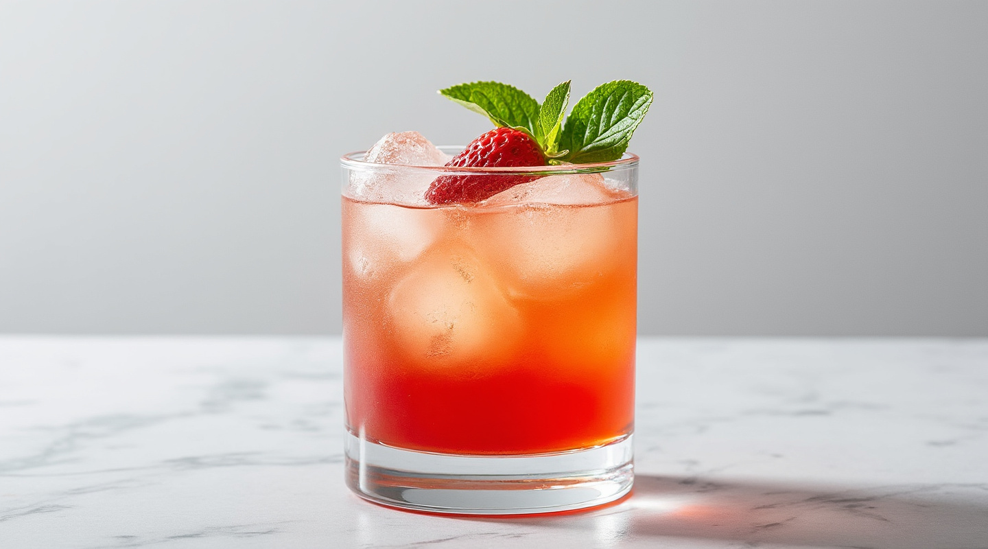 A vibrant red Extradition cocktail garnished with a strawberry