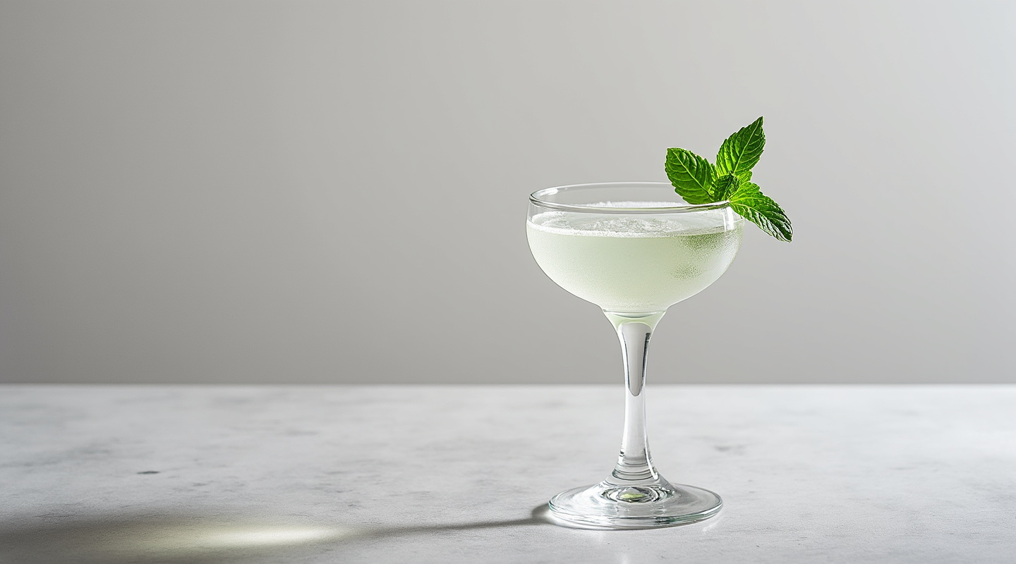 A clear cocktail glass with a light drink garnished with mint.