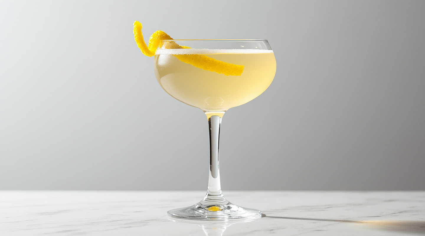 Final Ward cocktail served in a chilled coupe glass with lemon zest twist