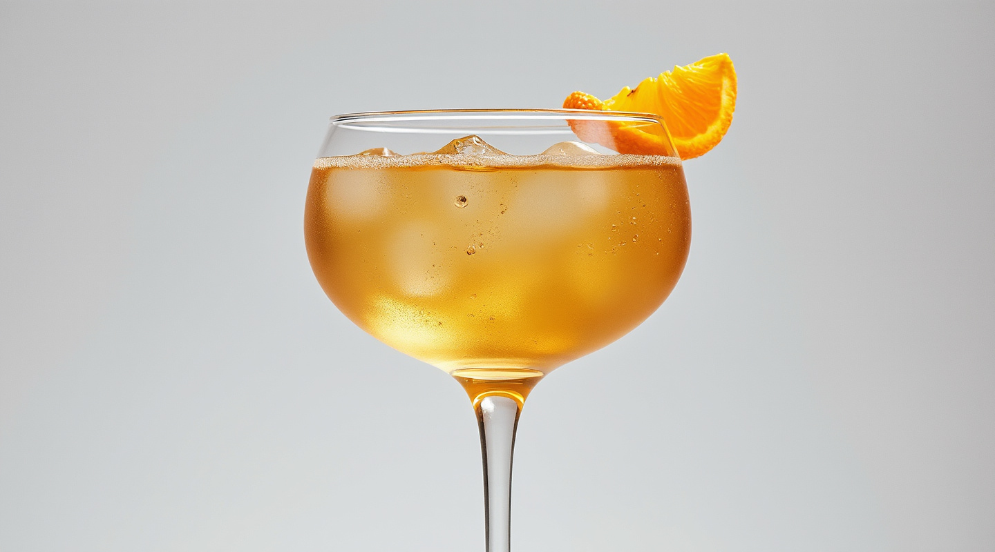Martinez (London spec. with genever) cocktail with an orange zest garnish in a chilled coupe glass