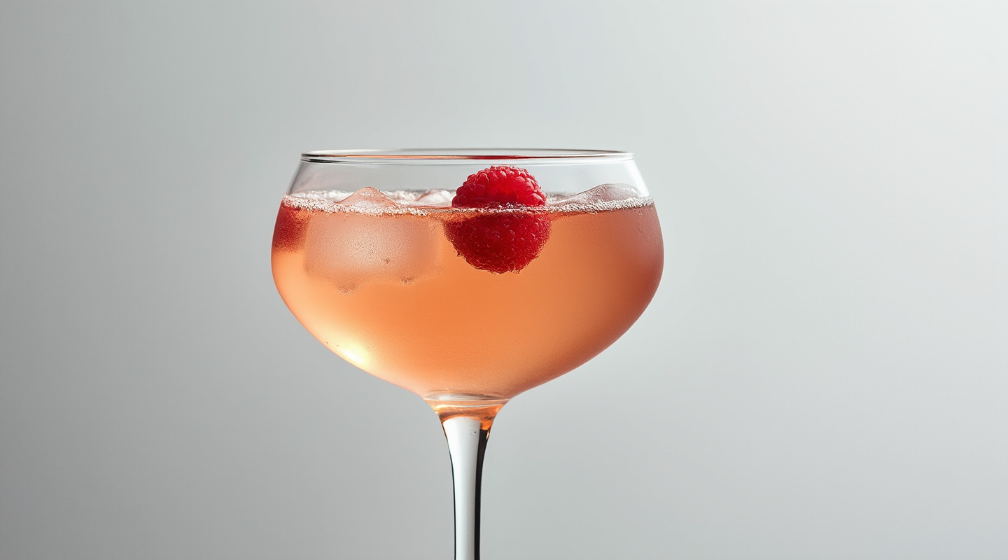 Santiago #2 cocktail served in a coupe glass with a raspberry garnish