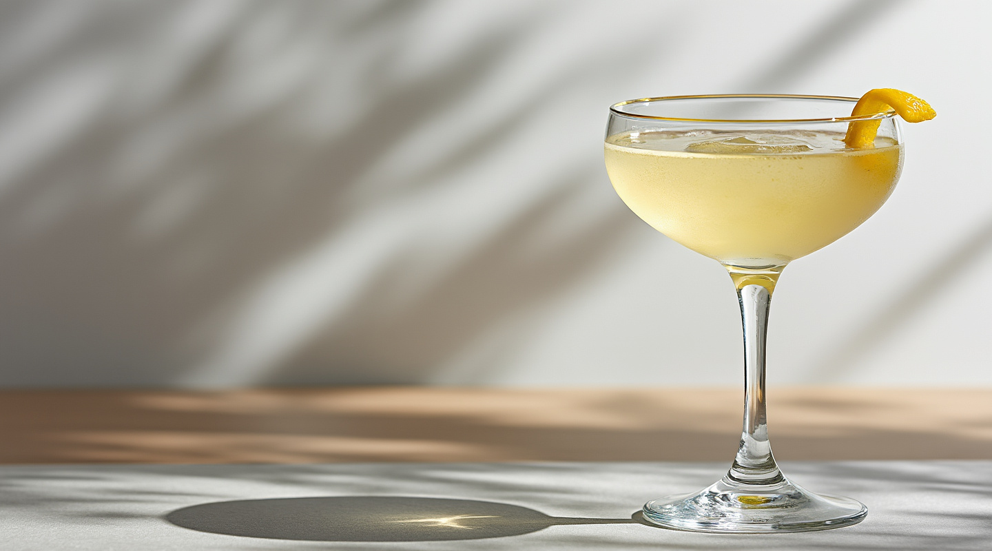 Elder Aviator cocktail served in a Martini glass with lemon zest garnish