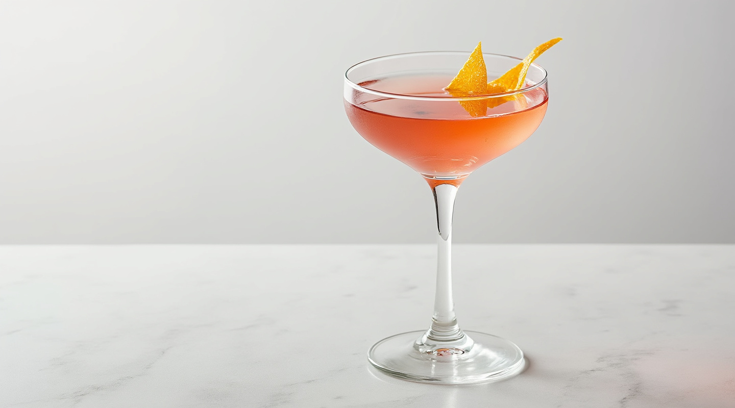 Flower Power Martini in a martini glass garnished with an orange zest twist