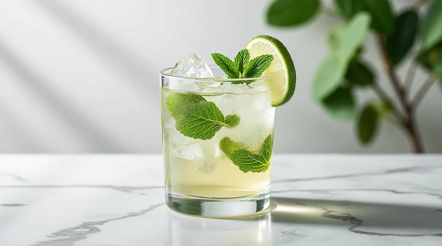 Parisien Mojito in a Collins glass garnished with mint sprig