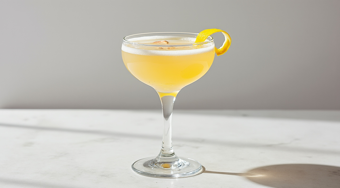 The Bird is the Word No. 1 cocktail in a coupe glass garnished with lemon zest