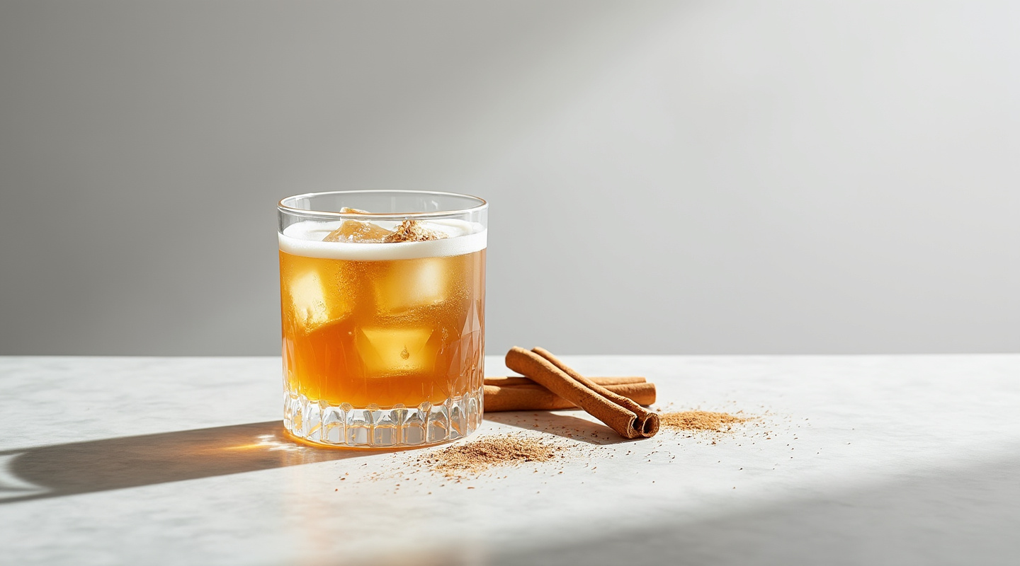 Scottish Breakfast cocktail in an Old-Fashioned glass with cinnamon dusting