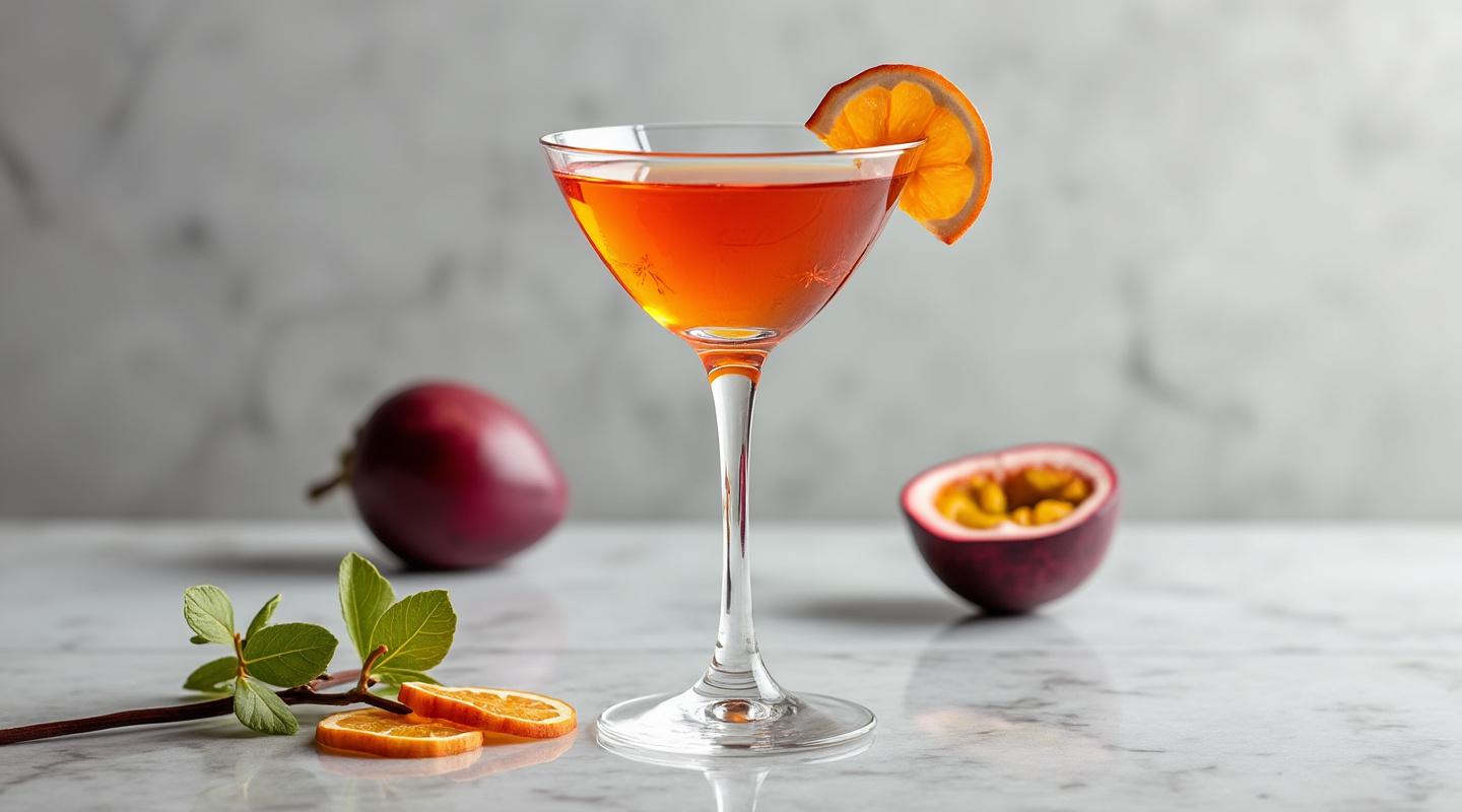 Porn Star Martini cocktail in a glass, garnished with half a passion fruit