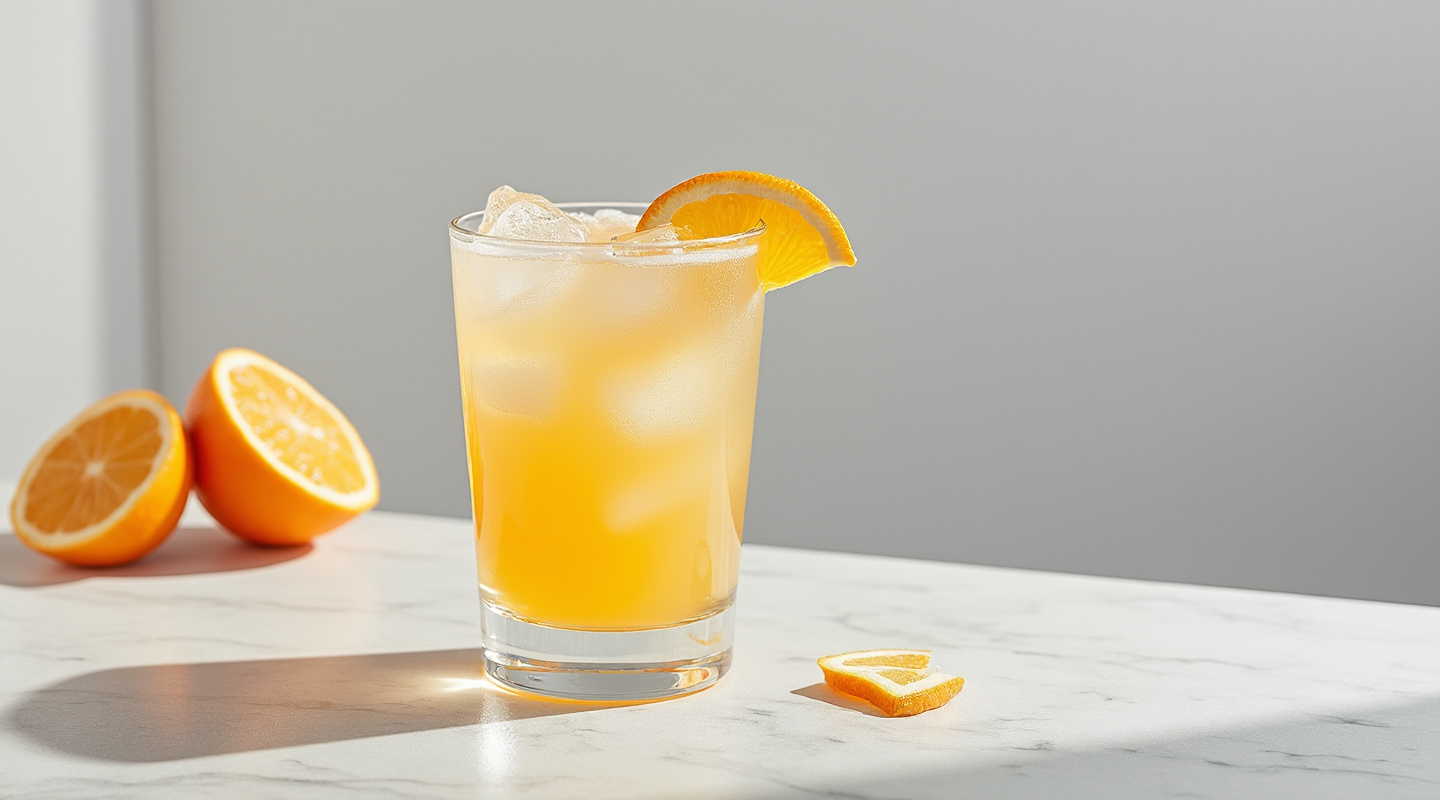 A creamy, orange-tinted cocktail served in a tall glass, garnished with an orange slice.