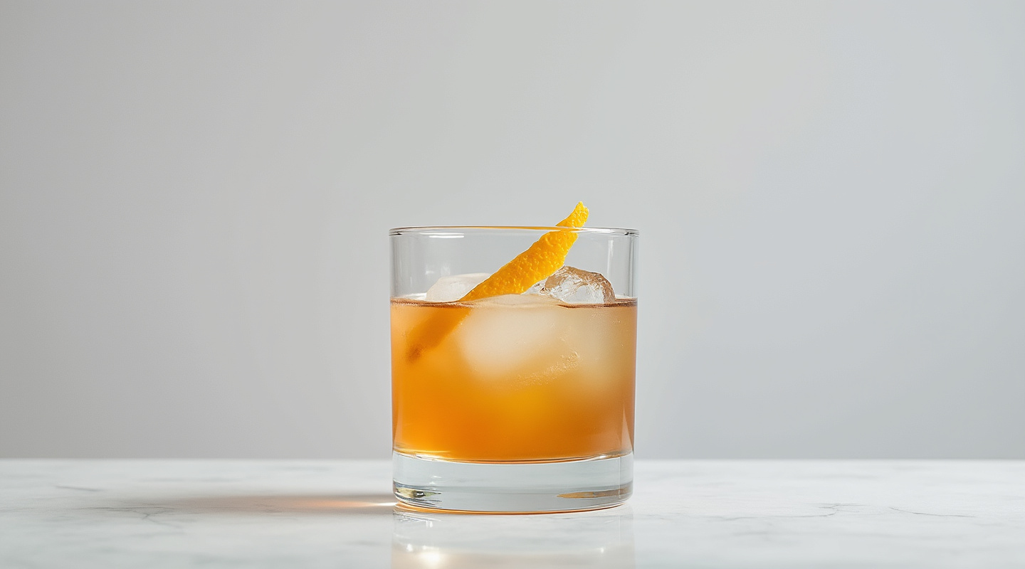 A St Lawrence cocktail served in an Old-fashioned glass with an orange zest twist garnish.