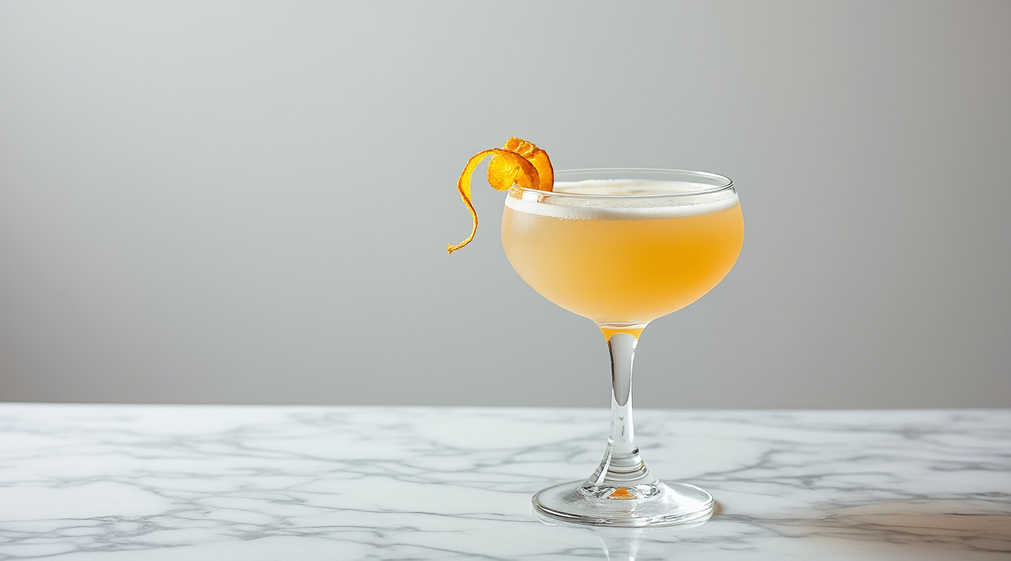 Flutter cocktail in a coupe glass with an orange zest twist