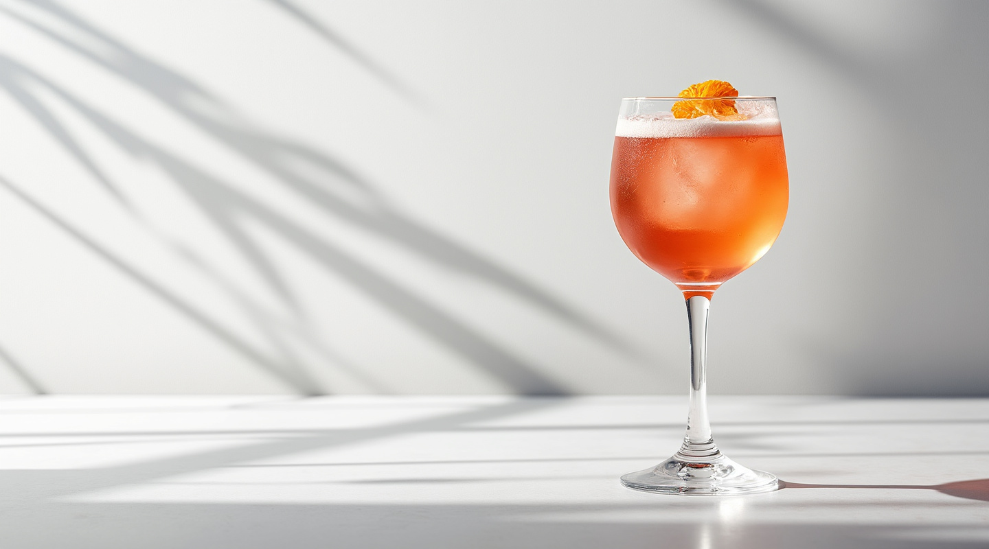 A glass of Northern Glow cocktail with a pinkish hue, complemented by a garnish of grapefruit zest in an Old-fashioned glass.
