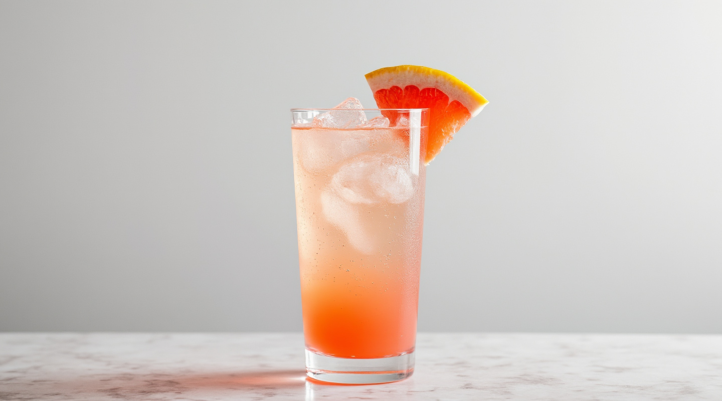 A refreshing Paloma cocktail with a grapefruit wedge garnish
