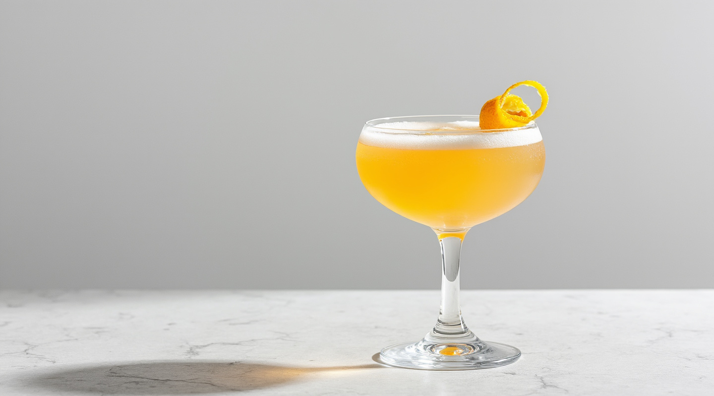 An elegant Sidecar cocktail served in a pre-chilled Coupe glass with an orange zest twist garnish.