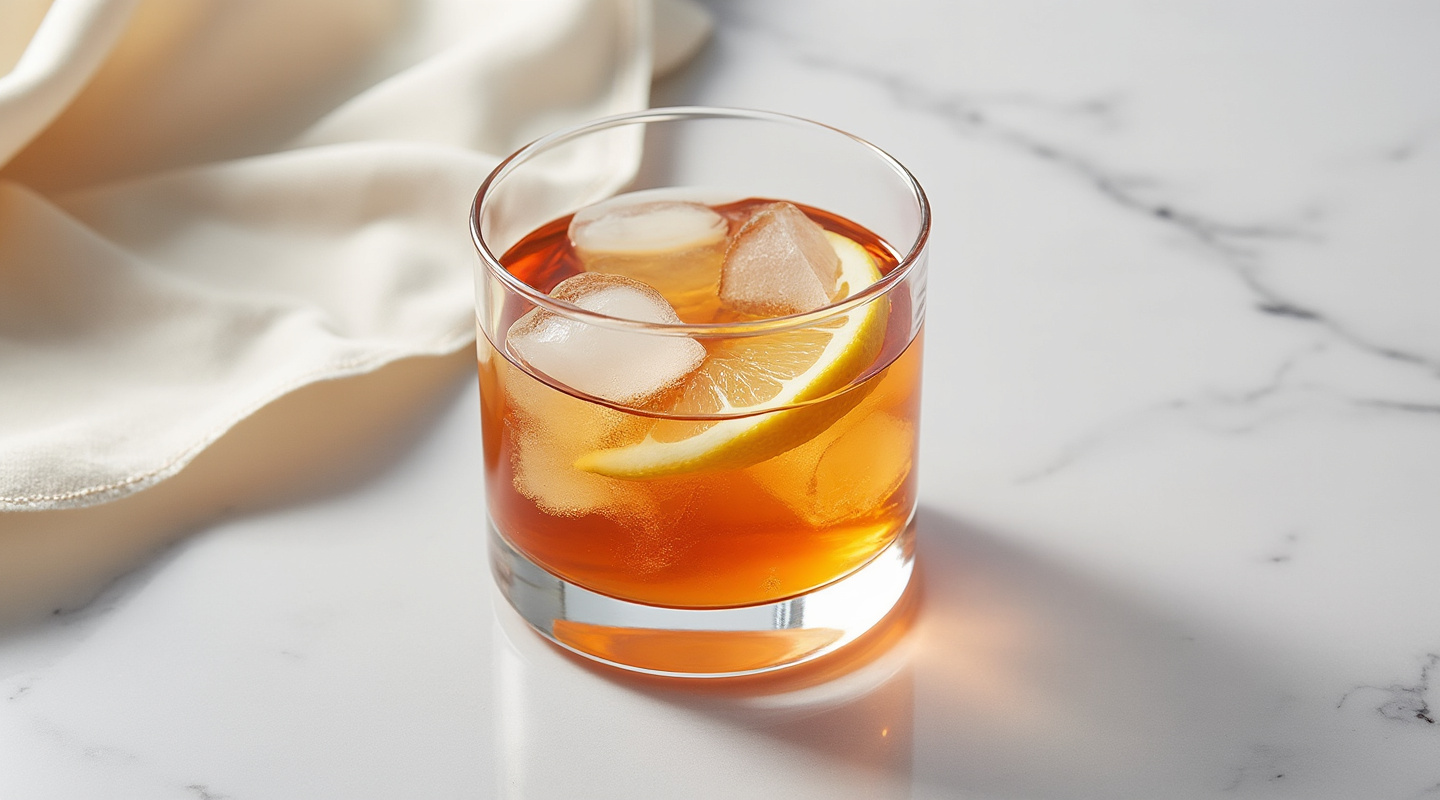 Louisville Sour cocktail in an old-fashioned glass garnished with lemon zest and bitters