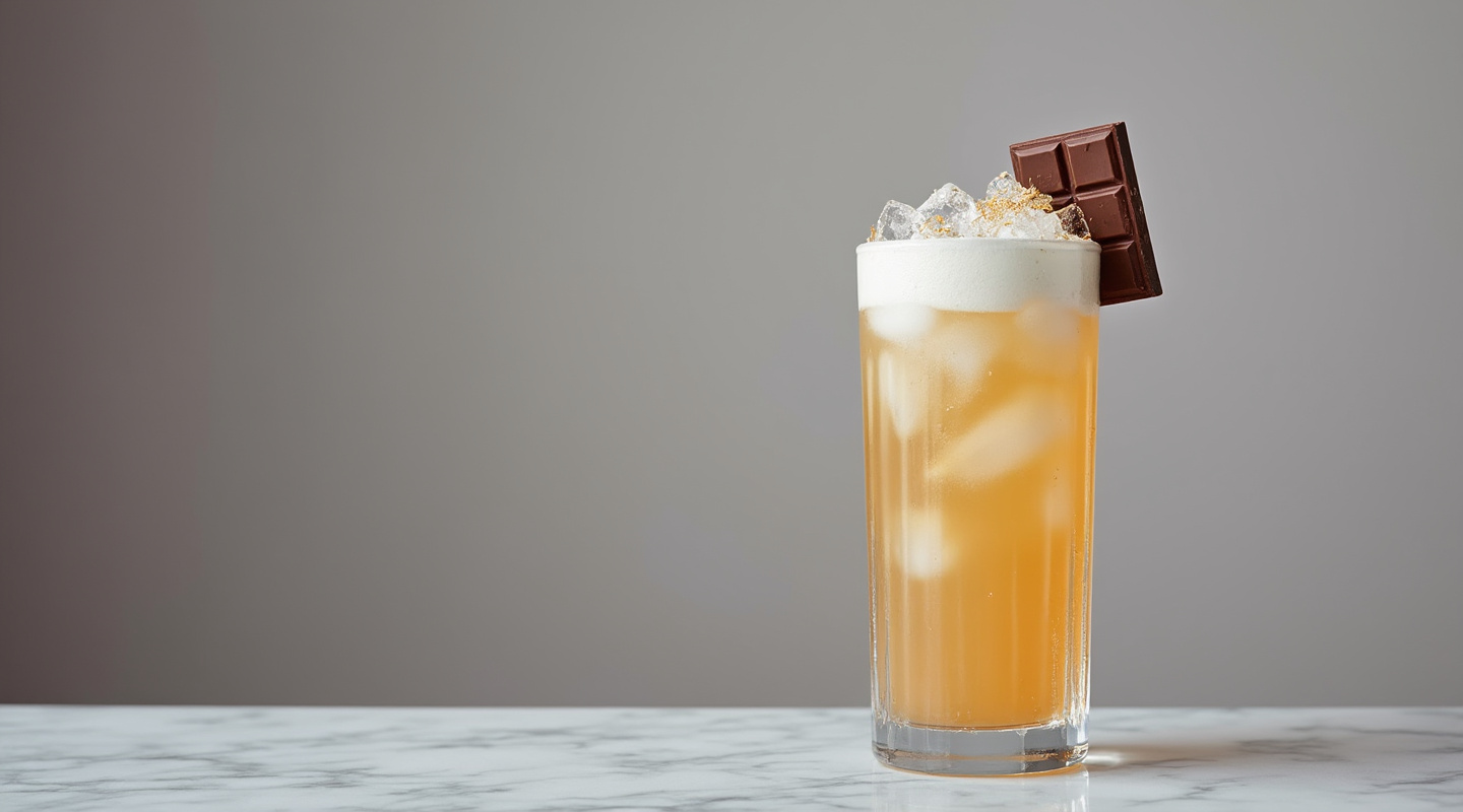 Coco Milky Way cocktail garnished with lemon zest and slice of Milky Way chocolate bar