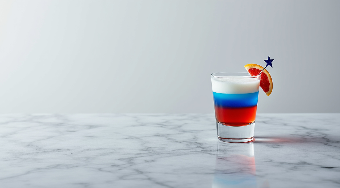 A layered Fourth of July Shot in a shot glass