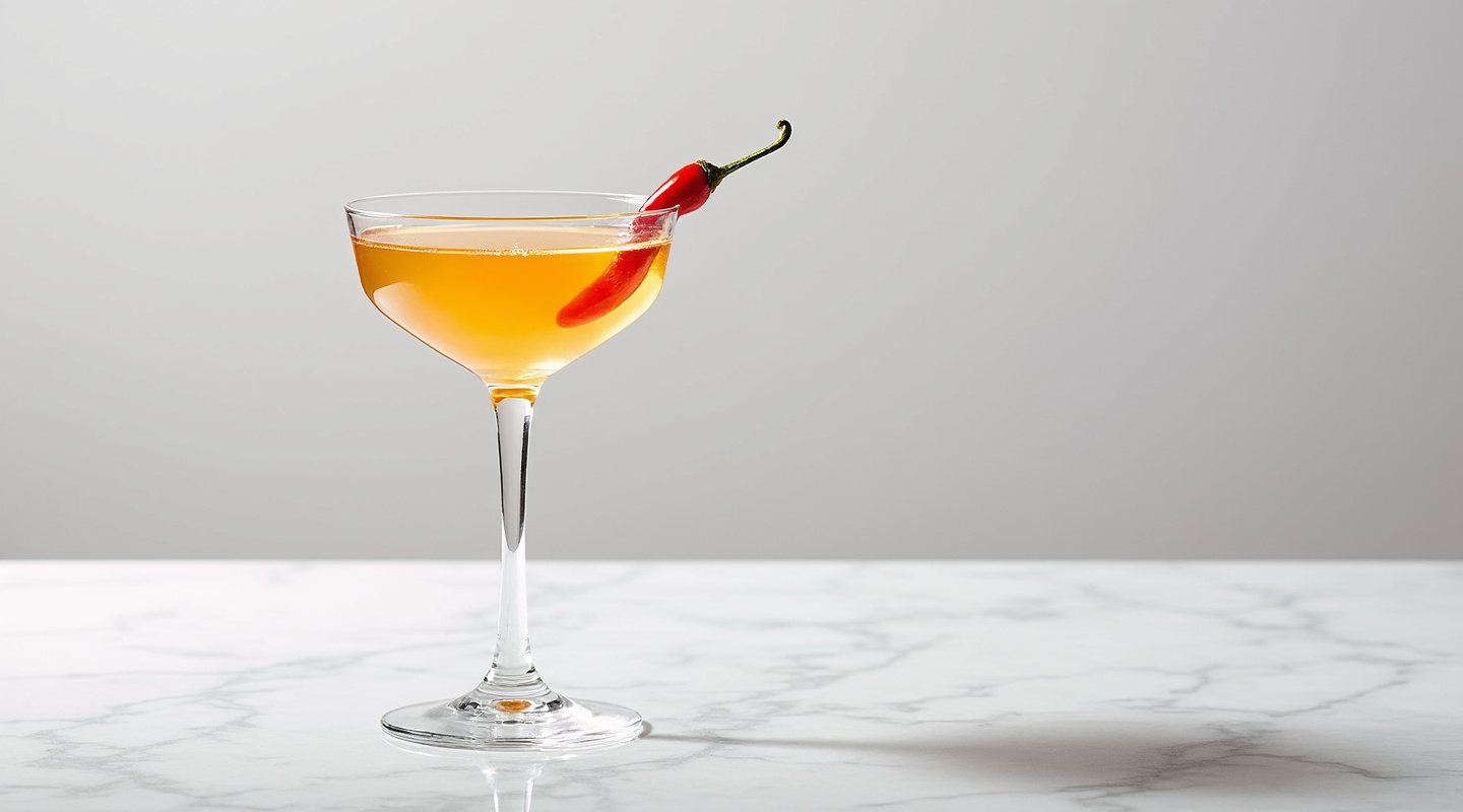 Spicy Fifty in a Martini glass garnished with fresh chili