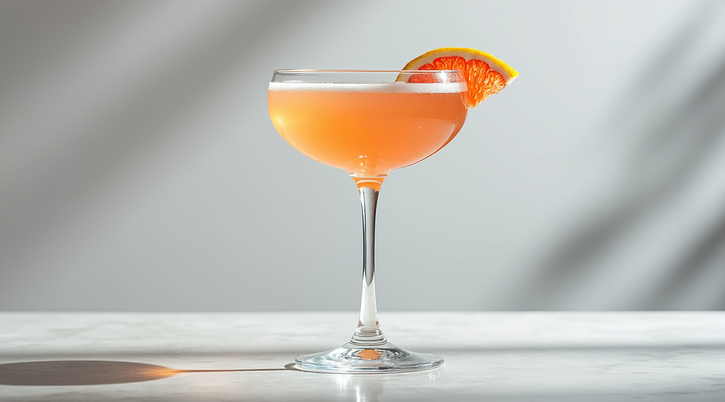 A Division Bell cocktail served in a coupe glass with grapefruit zest garnish