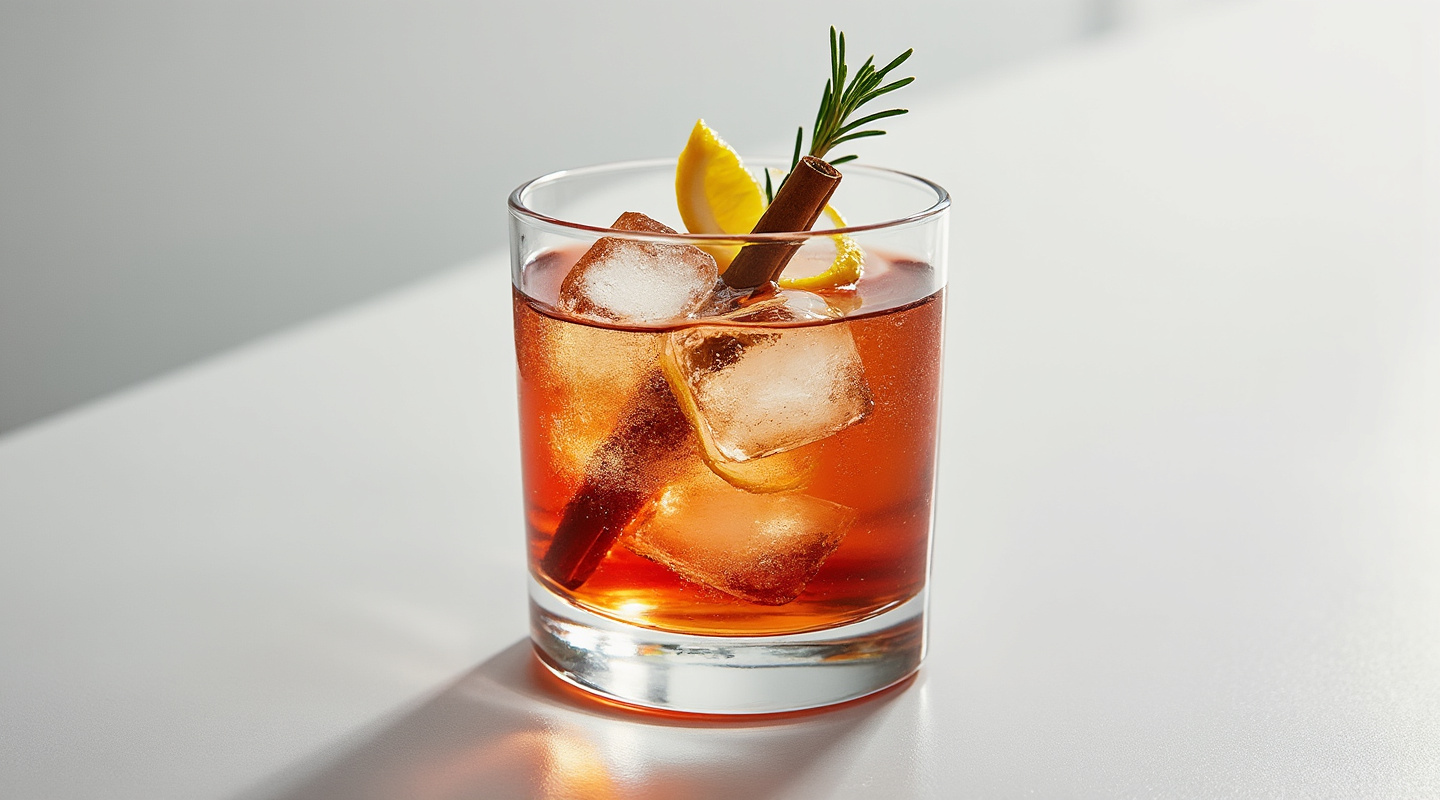The Cheshire Cat cocktail with rosemary and cinnamon garnishes