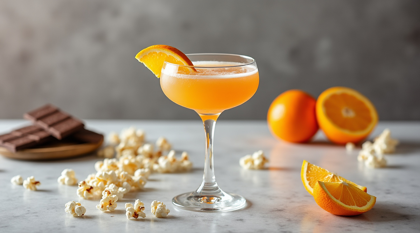 A vibrant La Familia cocktail garnished with a chocolate bar and fresh popcorn, served in a coupe glass.