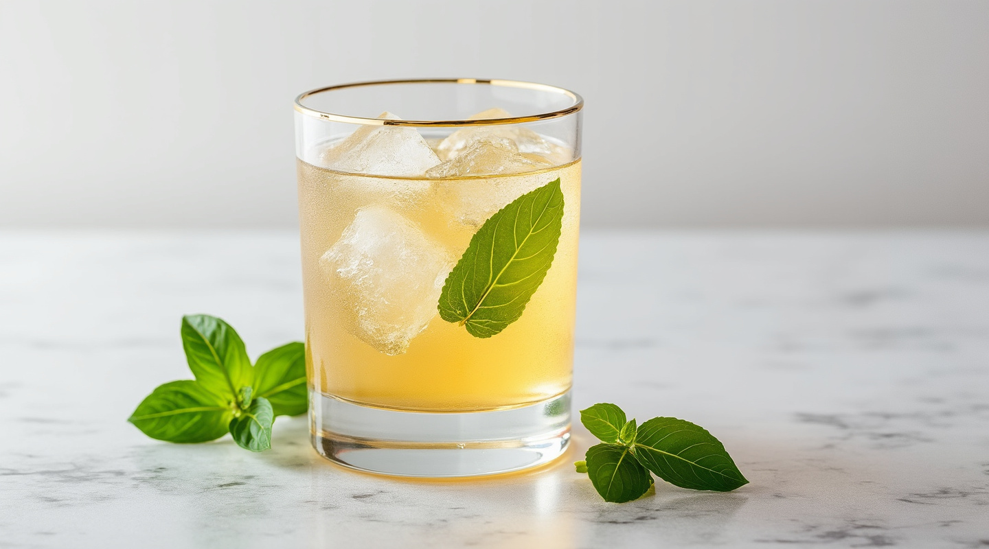 Ron-Con-Ton Cocktail served in a highball glass with a basil leaf garnish