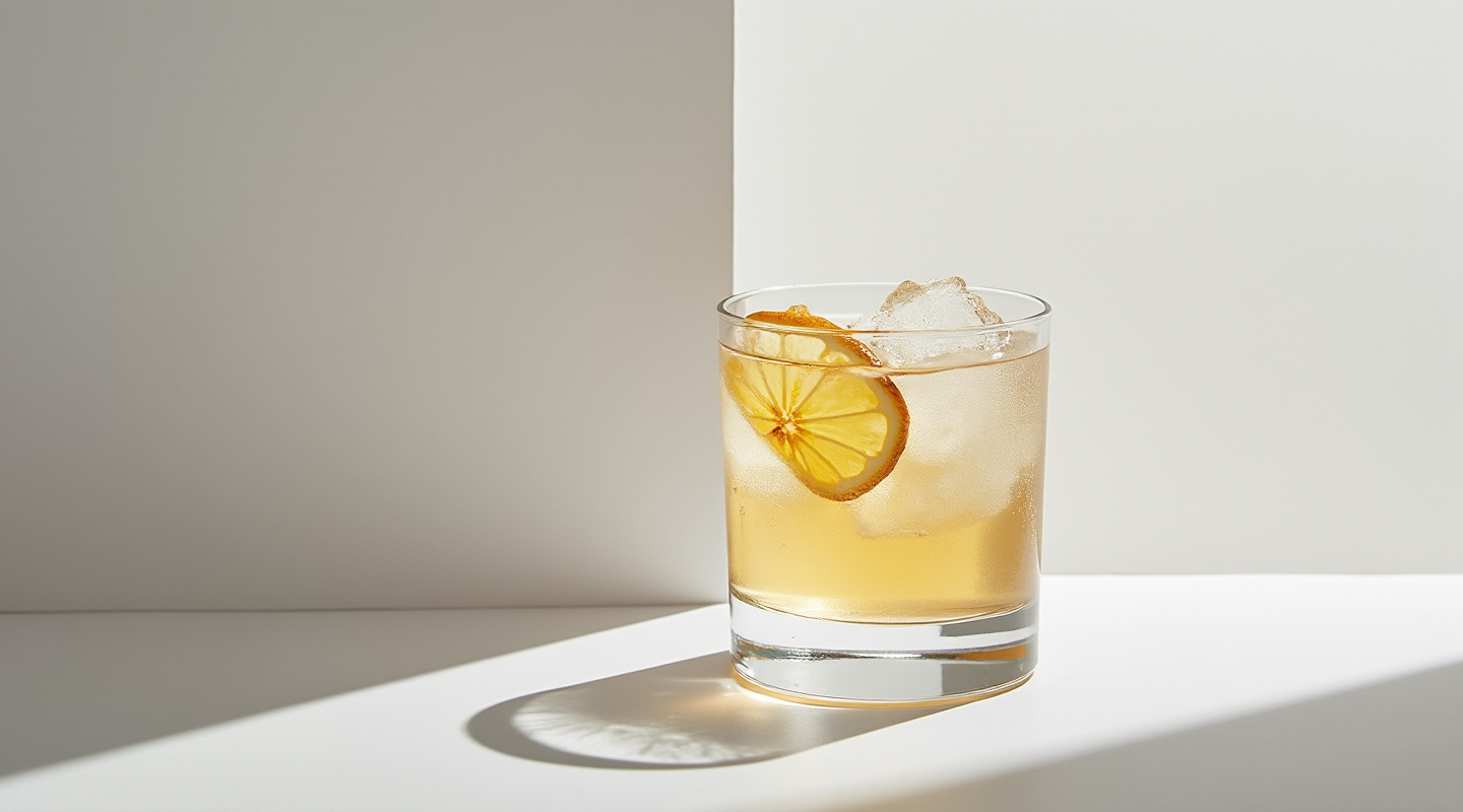 The Golden Era cocktail in a glass garnished with ginger slices