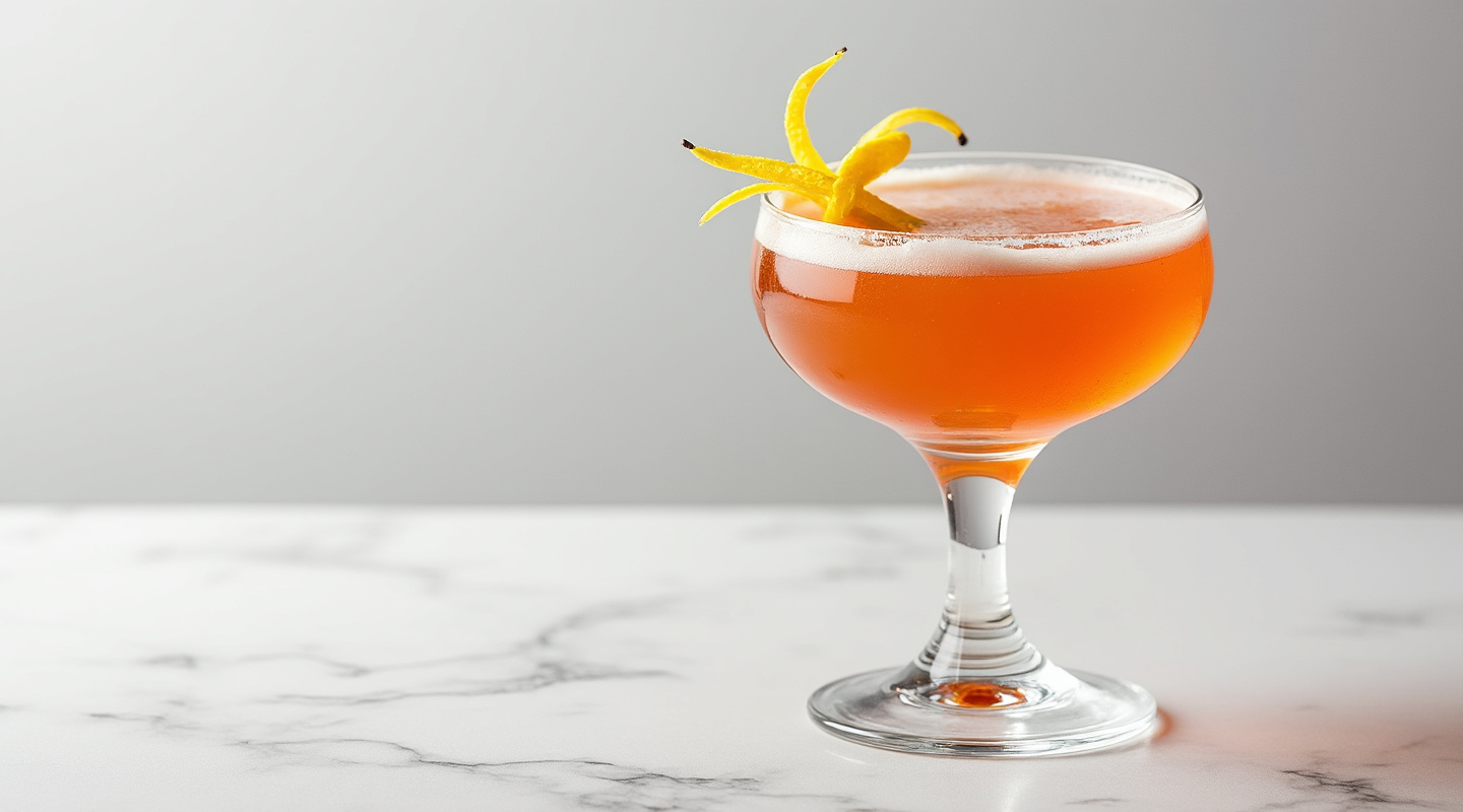 A coupe glass filled with the Dutchess cocktail, garnished with a lemon zest twist.