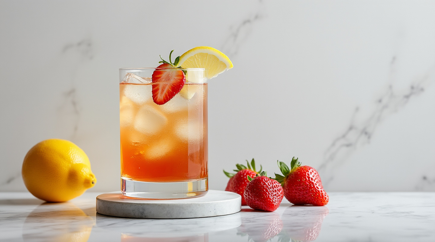Kentucky Buck cocktail in a glass garnished with lemon and strawberry slices