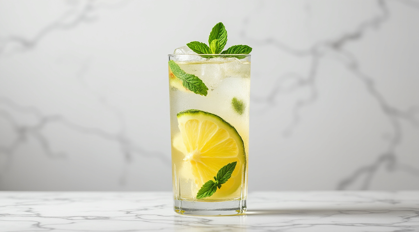 Pineapple & Mint Caipirinha in a highball glass with a stirrer