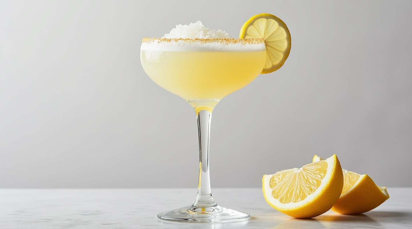 Lemon Sherbet Margarita with a lemon sorbet garnish
