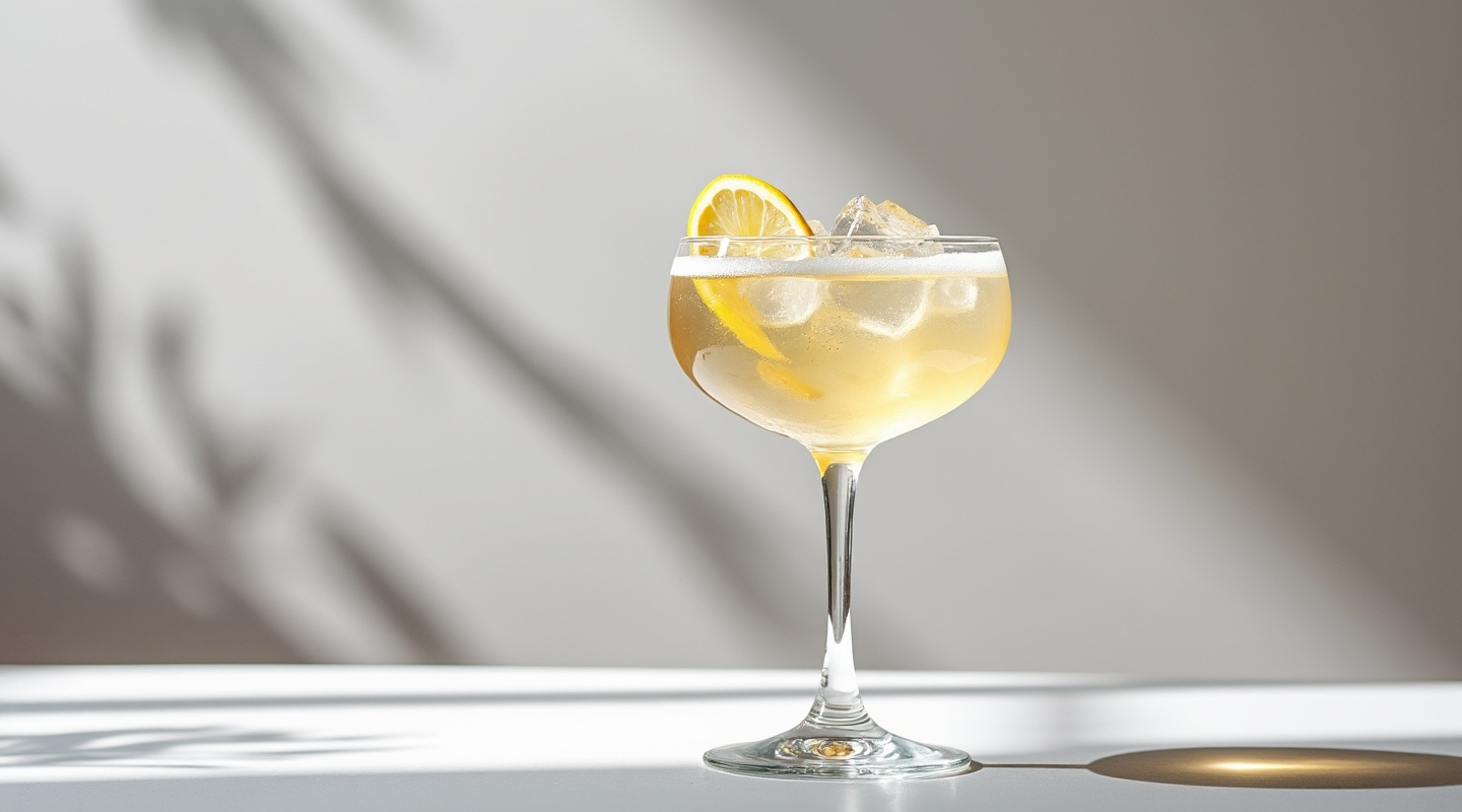 A refreshing White Americano cocktail served in a wine glass with a lemon zest twist and red currant string.