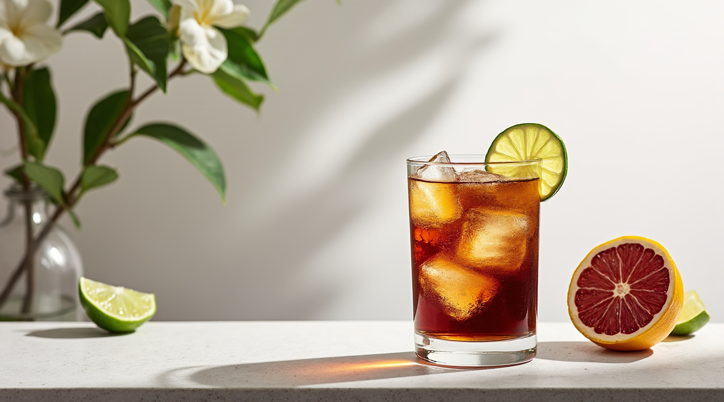 Doctor Pepper cocktail in a Collins glass served with a lime wedge