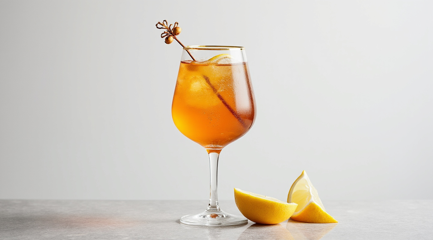 A glass of The Exotic Teapot cocktail served chilled with a soothing amber hue.
