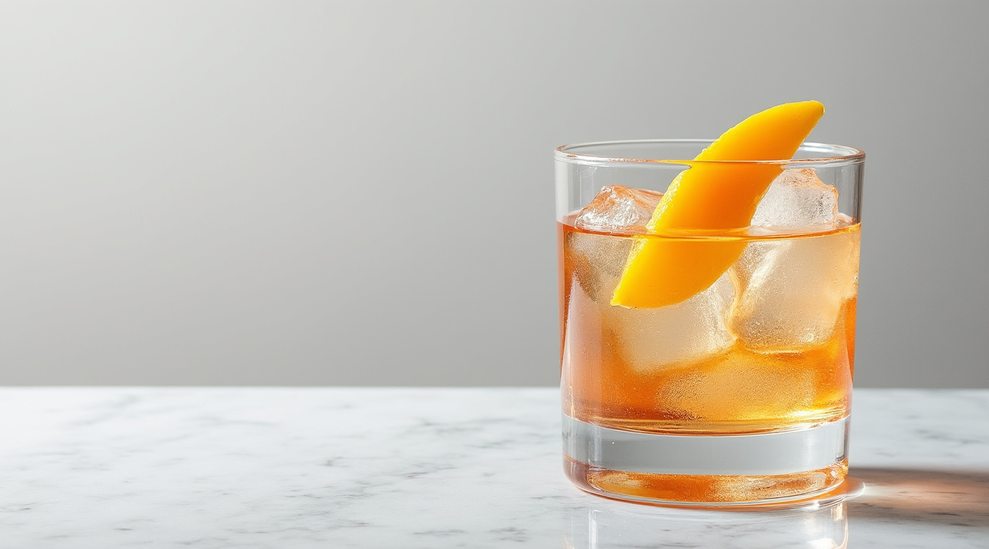 A glass of Walter's Waltz cocktail with a lemon zest twist and apricot garnish