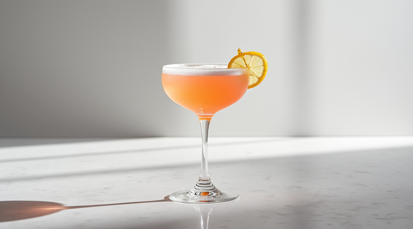 El Bohemio cocktail in a coupe glass with lemon zest twist.