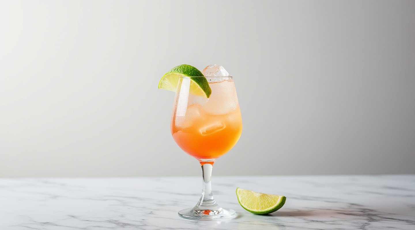 A glass with a fizzy peachtree cocktail garnished with lime wedges