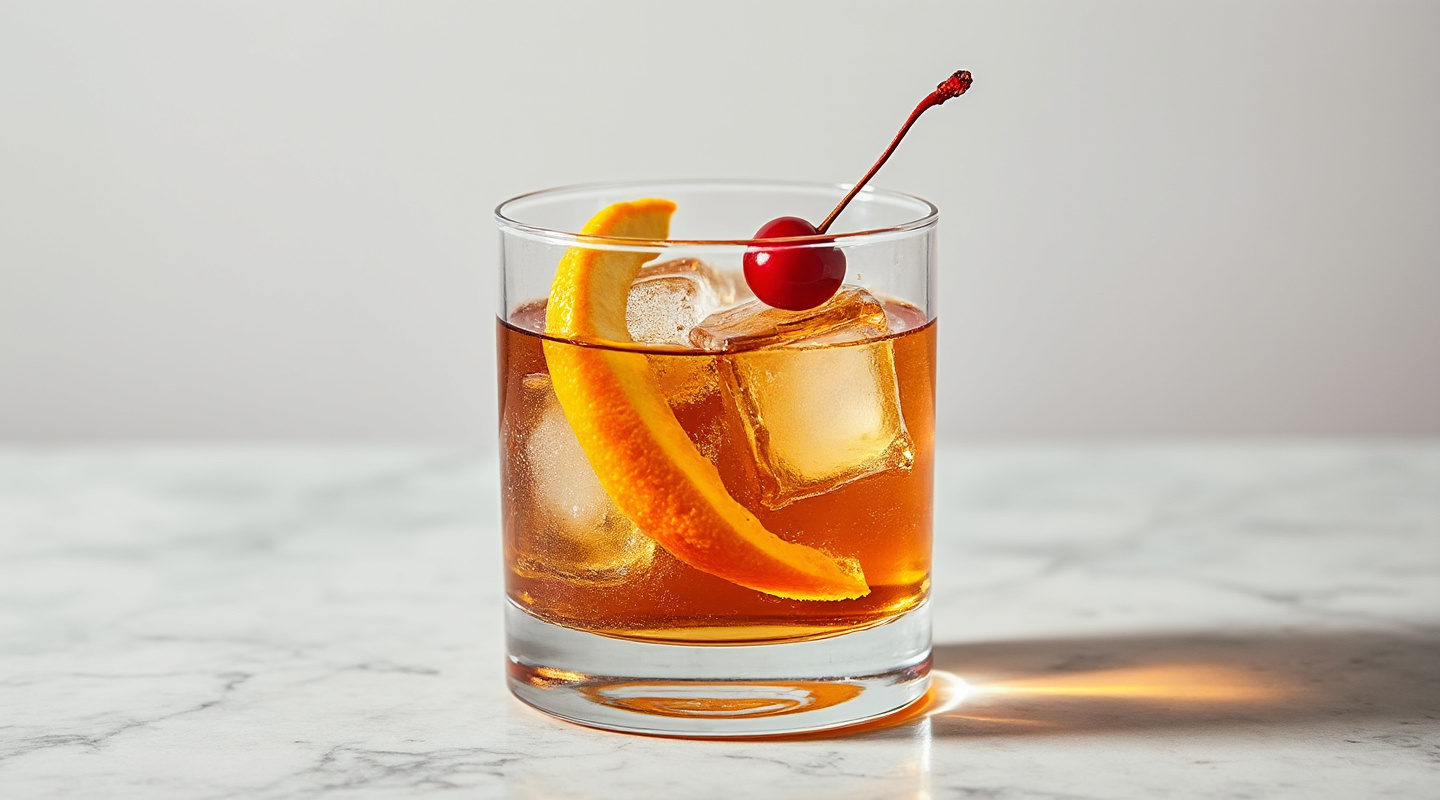 Old Bank cocktail served in a glass with a garnish