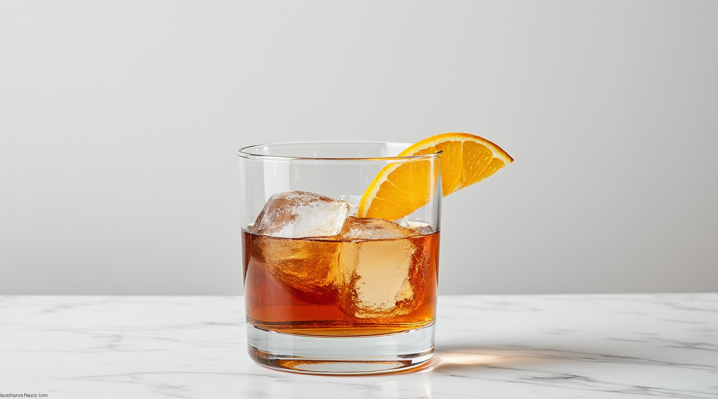 Maple Rum Old-Fashioned in an Old-Fashioned glass with an orange twist garnish