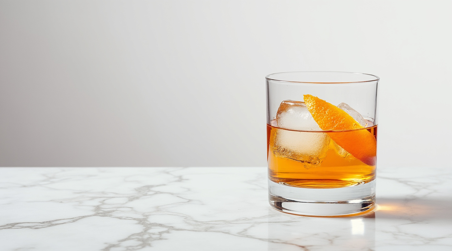 A rich red Old Gal cocktail served in an Old-fashioned glass with an orange zest twist garnish.