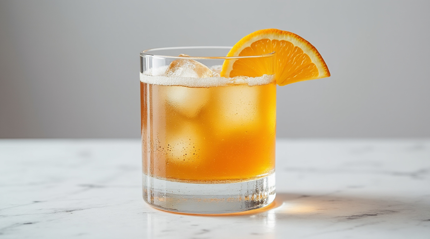 Hunter's Verdict cocktail in a glass with orange garnish