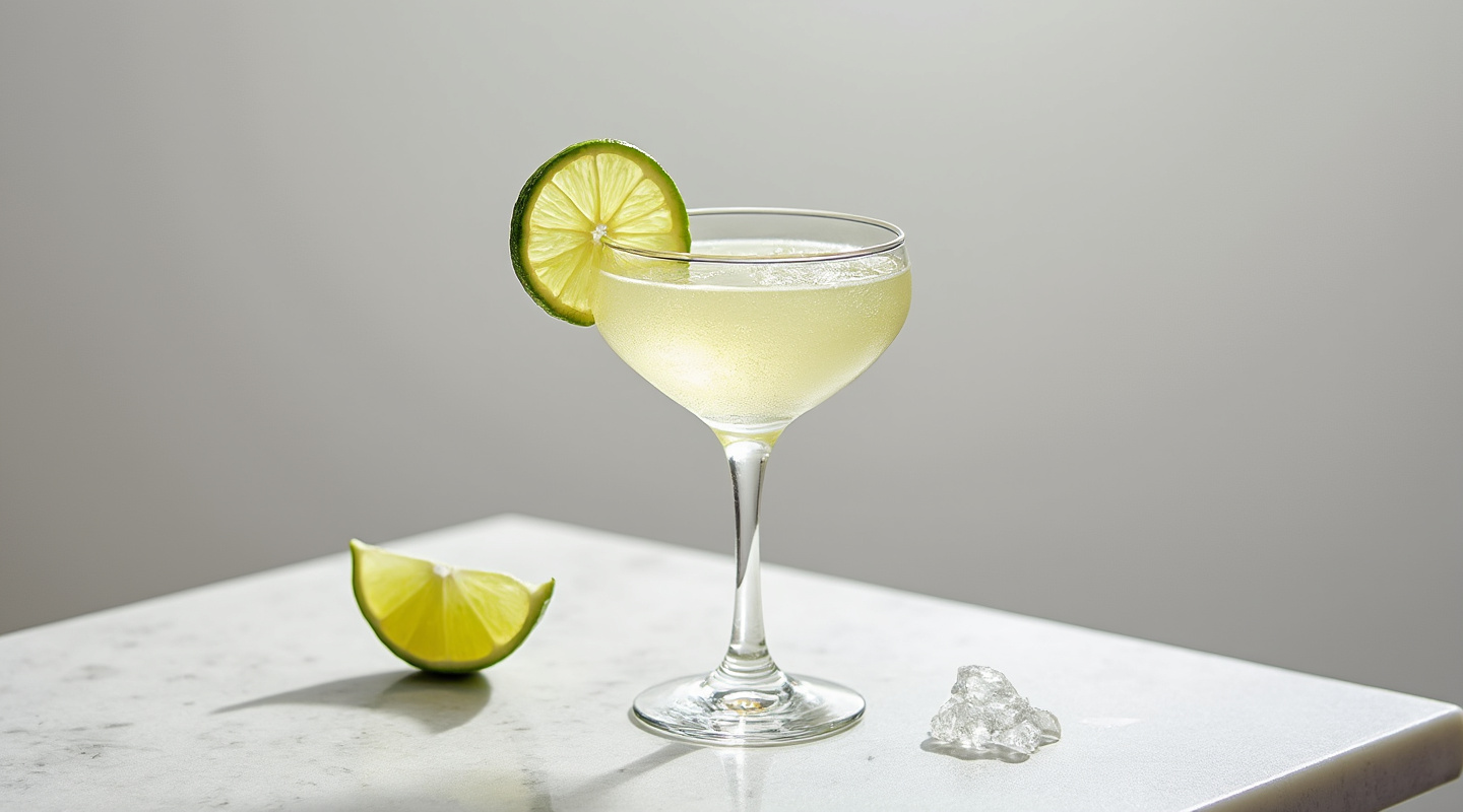 Monterita cocktail in a coupe glass, garnished with a lime wedge