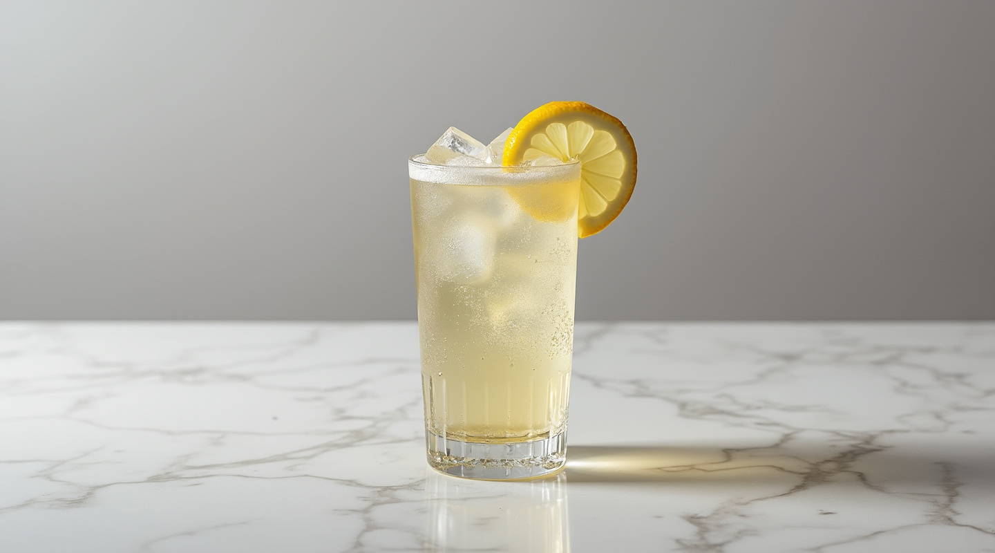 A refreshing French 40 cocktail served in a glass with a lemon wheel garnish.